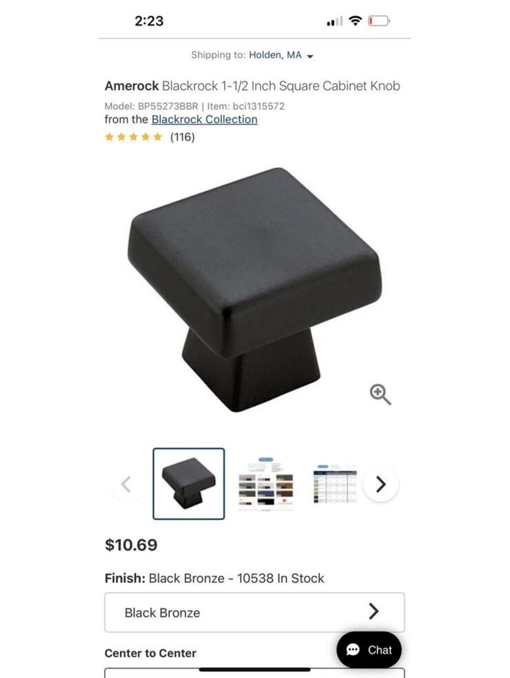 Amerock Blackrock 1-1/2 Inch Square Cabinet Knob - Black Oil